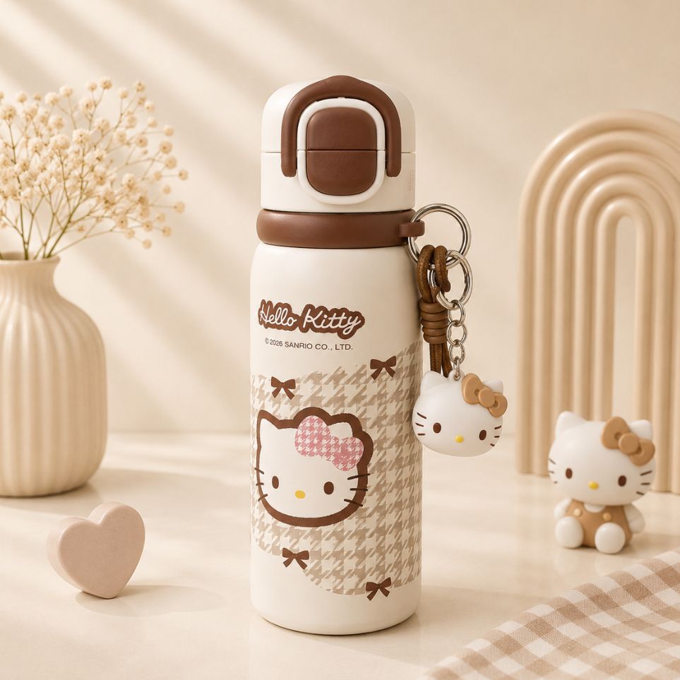 Hello Kitty Houndstooth Flask — Cream